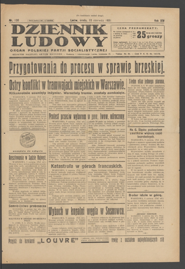 Dziennik Ludowy&nbsp;: organ Polskiej Partji Socjalistycznej. Rok&nbsp;14, 1931, numer&nbsp;130 (po&nbsp;konfiskacie nakład drugi)