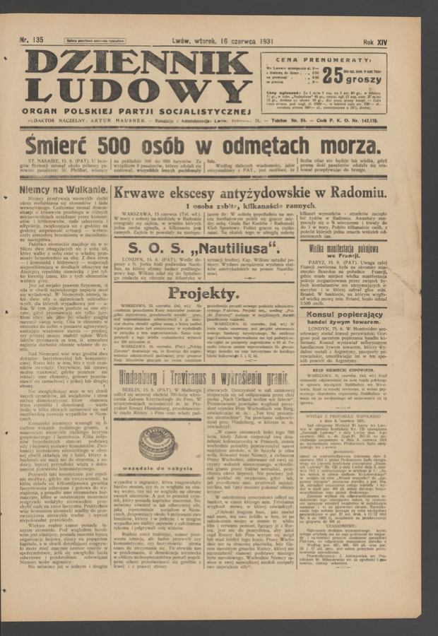 Dziennik Ludowy&nbsp;: organ Polskiej Partji Socjalistycznej. Rok&nbsp;14, 1931, numer&nbsp;135
