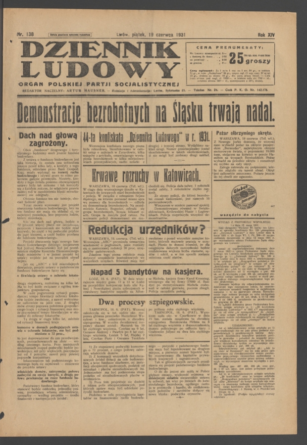 Dziennik Ludowy&nbsp;: organ Polskiej Partji Socjalistycznej. Rok&nbsp;14, 1931, numer&nbsp;138