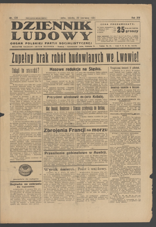 Dziennik Ludowy&nbsp;: organ Polskiej Partji Socjalistycznej. Rok&nbsp;14, 1931, numer&nbsp;139