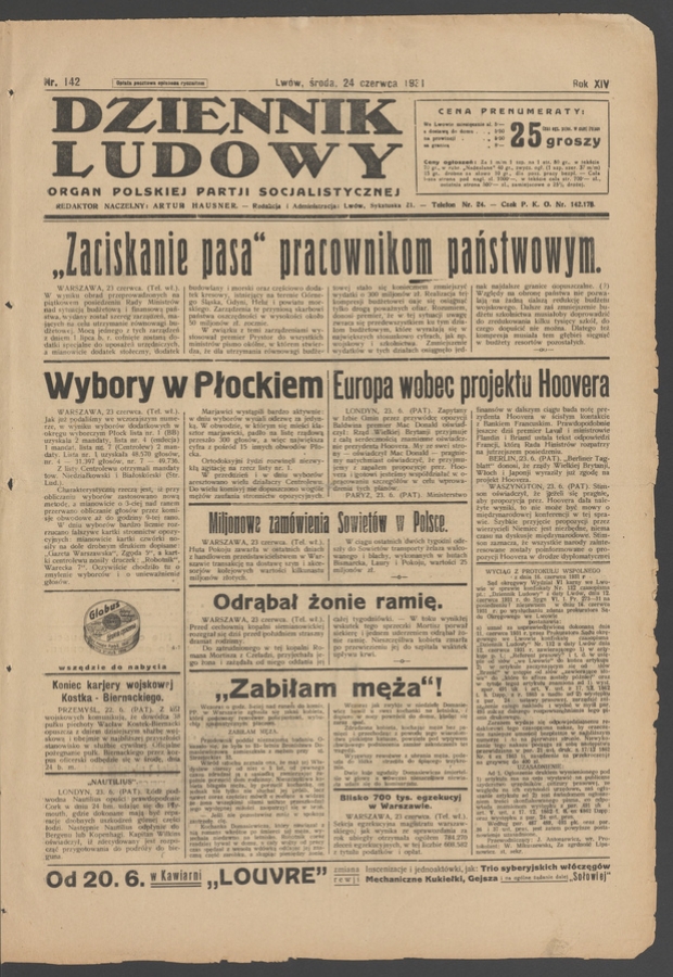 Dziennik Ludowy&nbsp;: organ Polskiej Partji Socjalistycznej. Rok&nbsp;14, 1931, numer&nbsp;142