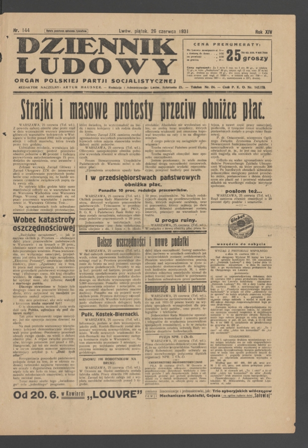 Dziennik Ludowy&nbsp;: organ Polskiej Partji Socjalistycznej. Rok&nbsp;14, 1931, numer&nbsp;144