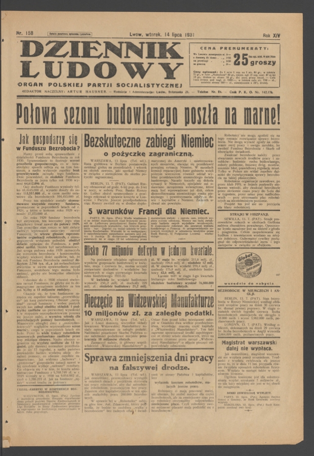 Dziennik Ludowy&nbsp;: organ Polskiej Partji Socjalistycznej. Rok&nbsp;14, 1931, numer&nbsp;158