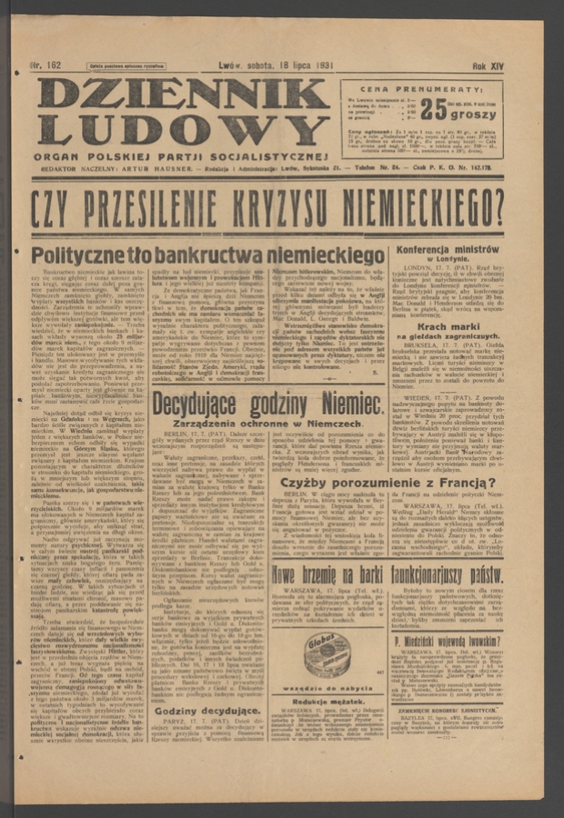Dziennik Ludowy&nbsp;: organ Polskiej Partji Socjalistycznej. Rok&nbsp;14, 1931, numer&nbsp;162