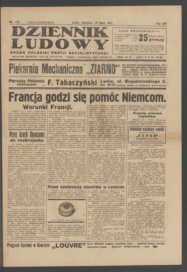 Dziennik Ludowy&nbsp;: organ Polskiej Partji Socjalistycznej. Rok&nbsp;14, 1931, numer&nbsp;163