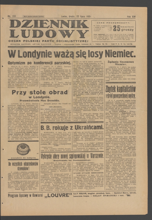 Dziennik Ludowy&nbsp;: organ Polskiej Partji Socjalistycznej. Rok&nbsp;14, 1931, numer&nbsp;165