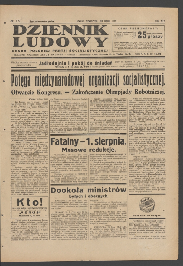 Dziennik Ludowy&nbsp;: organ Polskiej Partji Socjalistycznej. Rok&nbsp;14, 1931, numer&nbsp;172