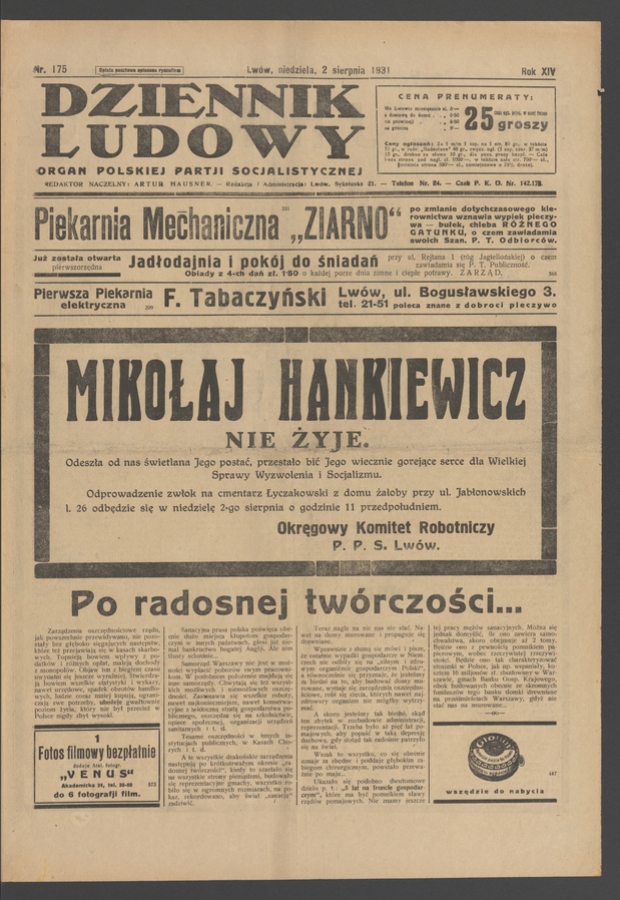 Dziennik Ludowy&nbsp;: organ Polskiej Partji Socjalistycznej. Rok&nbsp;14, 1931, numer&nbsp;175