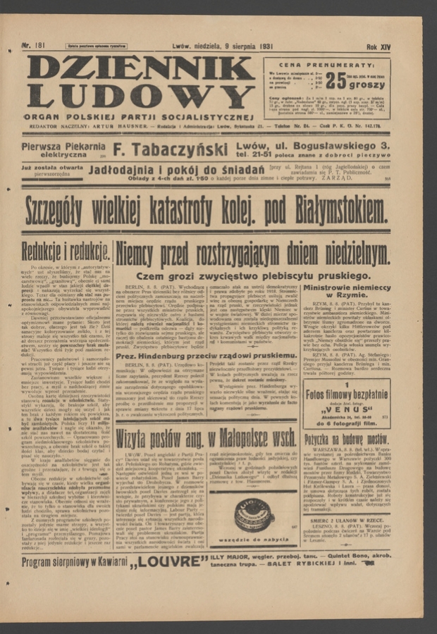 Dziennik Ludowy&nbsp;: organ Polskiej Partji Socjalistycznej. Rok&nbsp;14, 1931, numer&nbsp;181