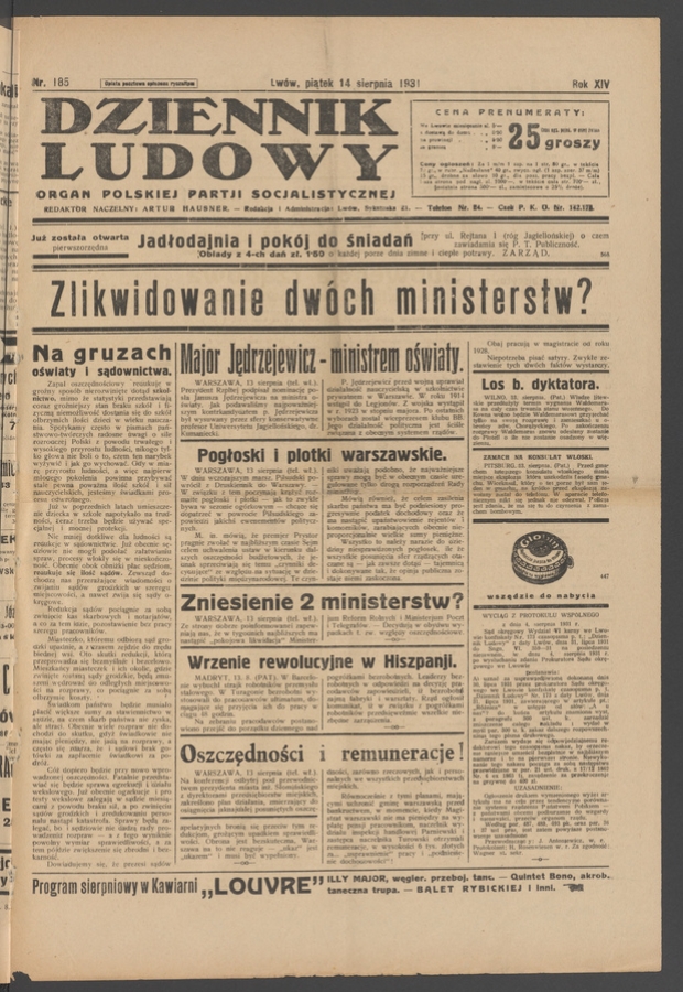Dziennik Ludowy&nbsp;: organ Polskiej Partji Socjalistycznej. Rok&nbsp;14, 1931, numer&nbsp;185