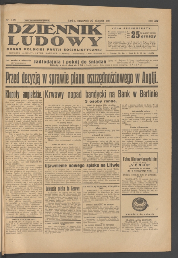 Dziennik Ludowy&nbsp;: organ Polskiej Partji Socjalistycznej. Rok&nbsp;14, 1931, numer&nbsp;189