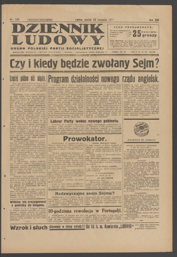 Dziennik Ludowy&nbsp;: organ Polskiej Partji Socjalistycznej. Rok&nbsp;14, 1931, numer&nbsp;196