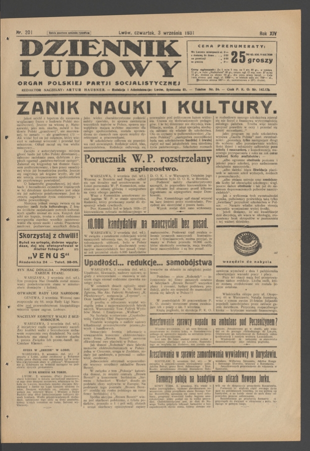 Dziennik Ludowy&nbsp;: organ Polskiej Partji Socjalistycznej. Rok&nbsp;14, 1931, numer&nbsp;201