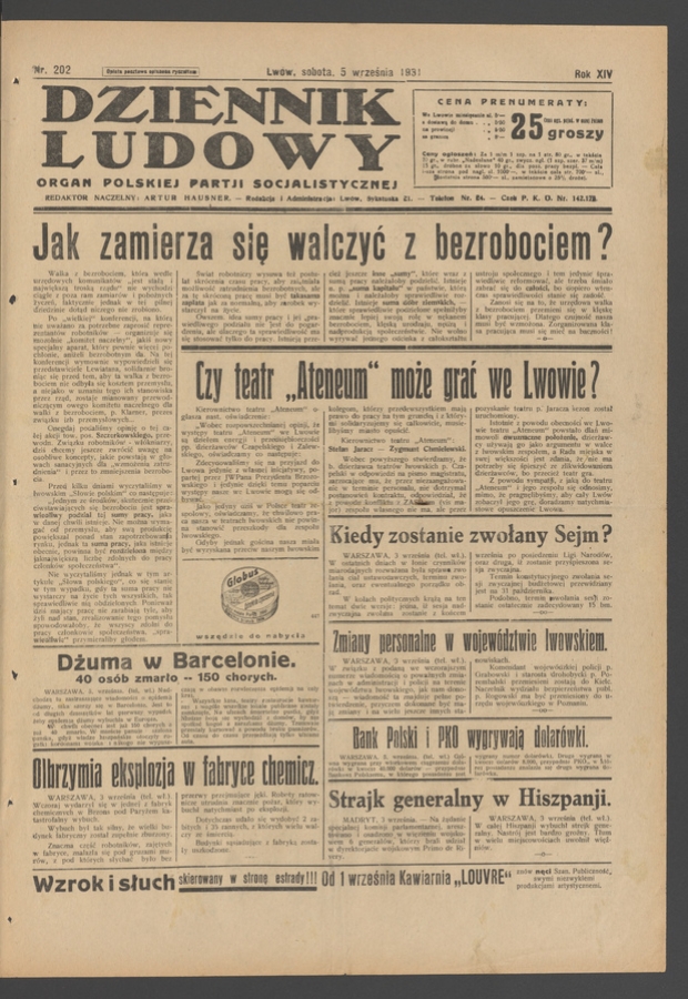 Dziennik Ludowy&nbsp;: organ Polskiej Partji Socjalistycznej. Rok&nbsp;14, 1931, numer&nbsp;202