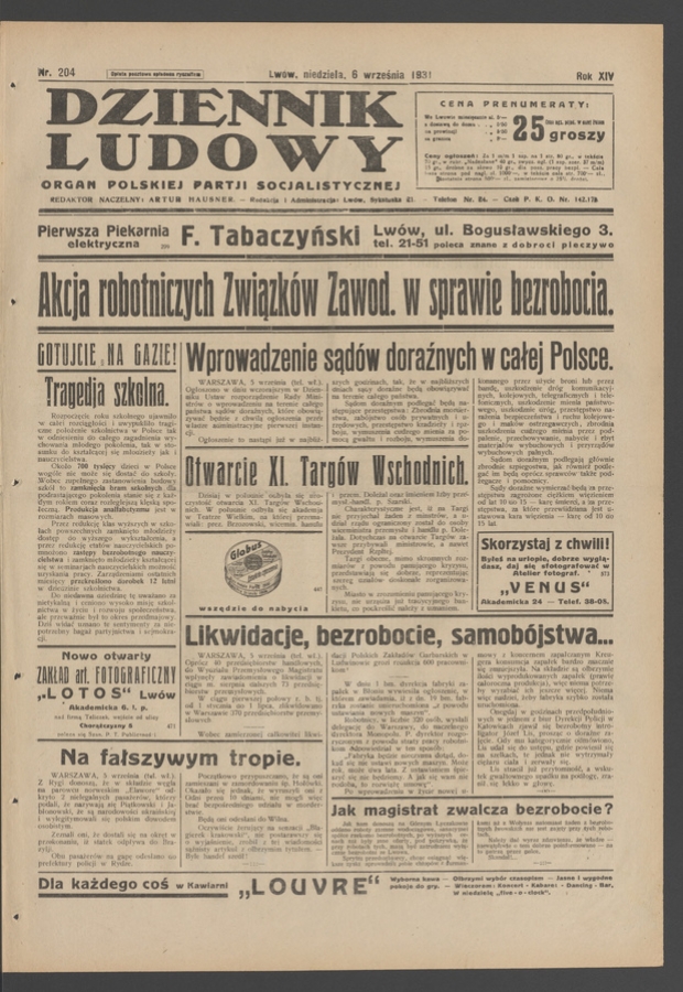 Dziennik Ludowy&nbsp;: organ Polskiej Partji Socjalistycznej. Rok&nbsp;14, 1931, numer&nbsp;204