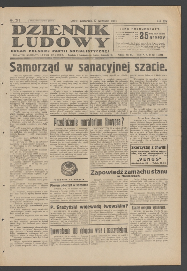 Dziennik Ludowy&nbsp;: organ Polskiej Partji Socjalistycznej. Rok&nbsp;14, 1931, numer&nbsp;213