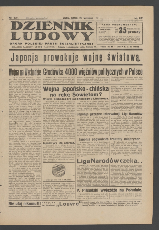 Dziennik Ludowy&nbsp;: organ Polskiej Partji Socjalistycznej. Rok&nbsp;14, 1931, numer&nbsp;220