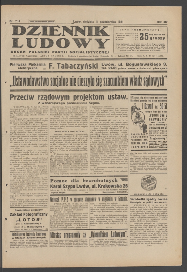 Dziennik Ludowy&nbsp;: organ Polskiej Partji Socjalistycznej. Rok&nbsp;14, 1931, numer&nbsp;234