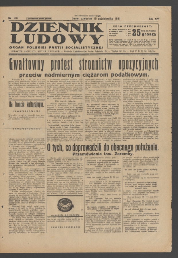 Dziennik Ludowy&nbsp;: organ Polskiej Partji Socjalistycznej. Rok&nbsp;14, 1931, numer&nbsp;237 (po&nbsp;konfiskacie nakład drugi)