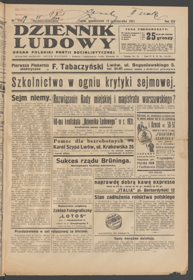 Dziennik Ludowy&nbsp;: organ Polskiej Partji Socjalistycznej. Rok&nbsp;14, 1931, numer&nbsp;240 (po&nbsp;konfiskacie nakład drugi)