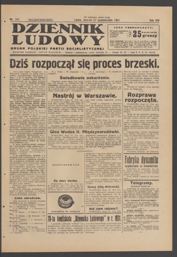 Dziennik Ludowy&nbsp;: organ Polskiej Partji Socjalistycznej. Rok&nbsp;14, 1931, numer&nbsp;247 (po&nbsp;konfiskacie nakład drugi)