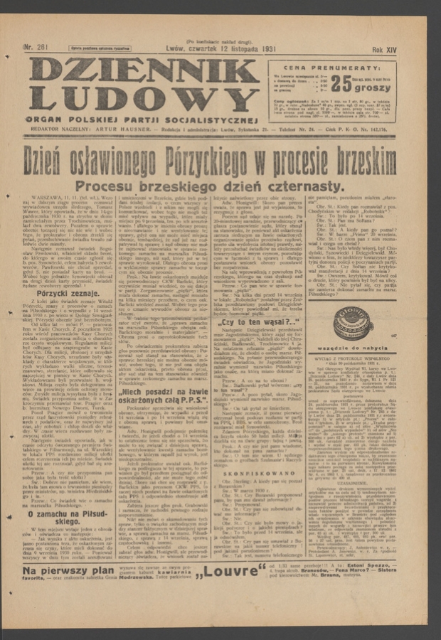 Dziennik Ludowy&nbsp;: organ Polskiej Partji Socjalistycznej. Rok&nbsp;14, 1931, numer&nbsp;261 (po&nbsp;konfiskacie nakład drugi)