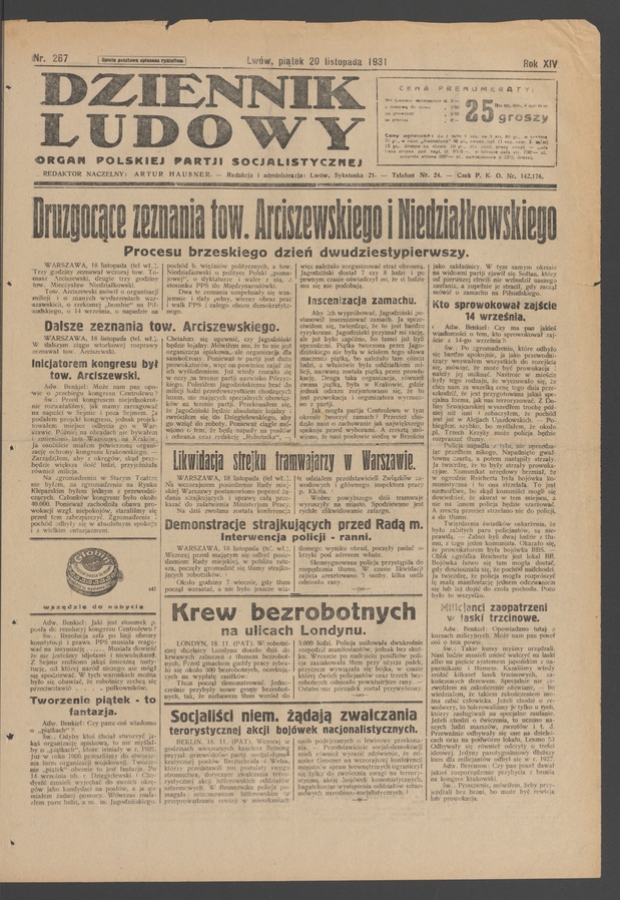 Dziennik Ludowy&nbsp;: organ Polskiej Partji Socjalistycznej. Rok&nbsp;14, 1931, numer&nbsp;267