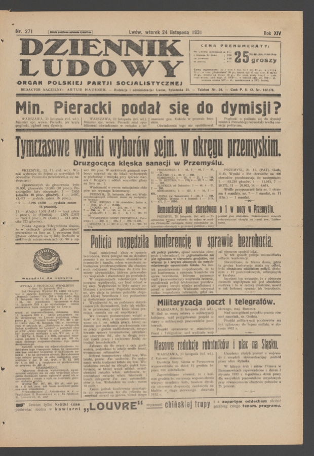 Dziennik Ludowy&nbsp;: organ Polskiej Partji Socjalistycznej. Rok&nbsp;14, 1931, numer&nbsp;271