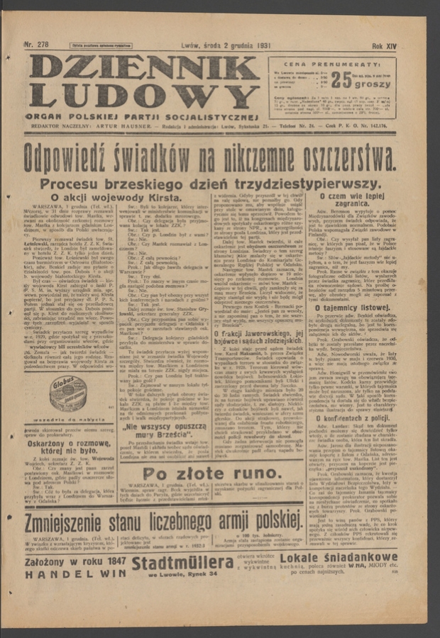 Dziennik Ludowy&nbsp;: organ Polskiej Partji Socjalistycznej. Rok&nbsp;14, 1931, numer&nbsp;278