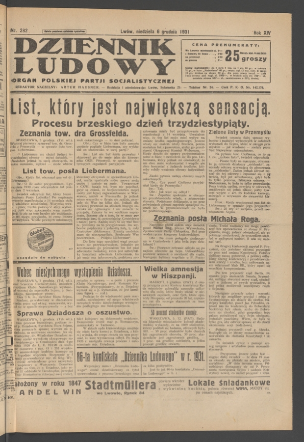 Dziennik Ludowy&nbsp;: organ Polskiej Partji Socjalistycznej. Rok&nbsp;14, 1931, numer&nbsp;282