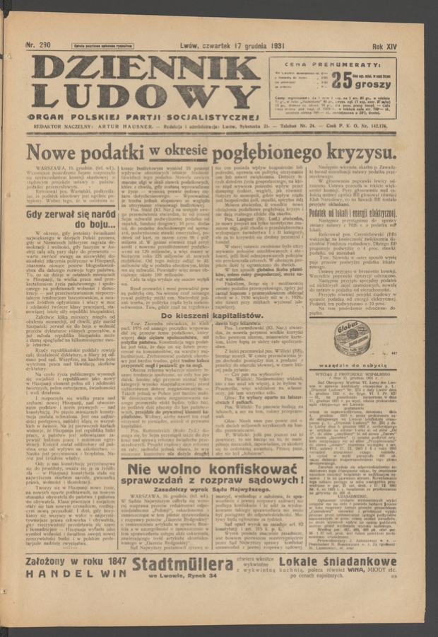 Dziennik Ludowy&nbsp;: organ Polskiej Partji Socjalistycznej. Rok&nbsp;14, 1931, numer&nbsp;290