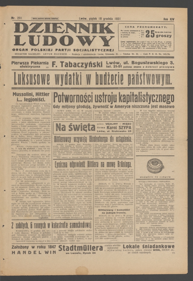 Dziennik Ludowy&nbsp;: organ Polskiej Partji Socjalistycznej. Rok&nbsp;14, 1931, numer&nbsp;291