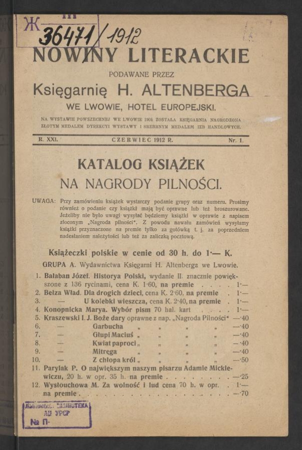 Nowiny Literackie&nbsp;: podawane przez Księgarnię H.&nbsp;Altenberga we&nbsp;Lwowie, Hotel Europejski. Rok&nbsp;21, 1912, numer&nbsp;1