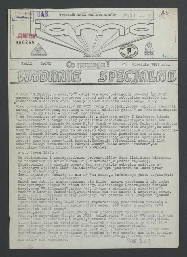 Fama&nbsp;: tygodnik NSZZ &bdquo;Solidarność&rdquo; Fadroma. 1981, numer&nbsp;30