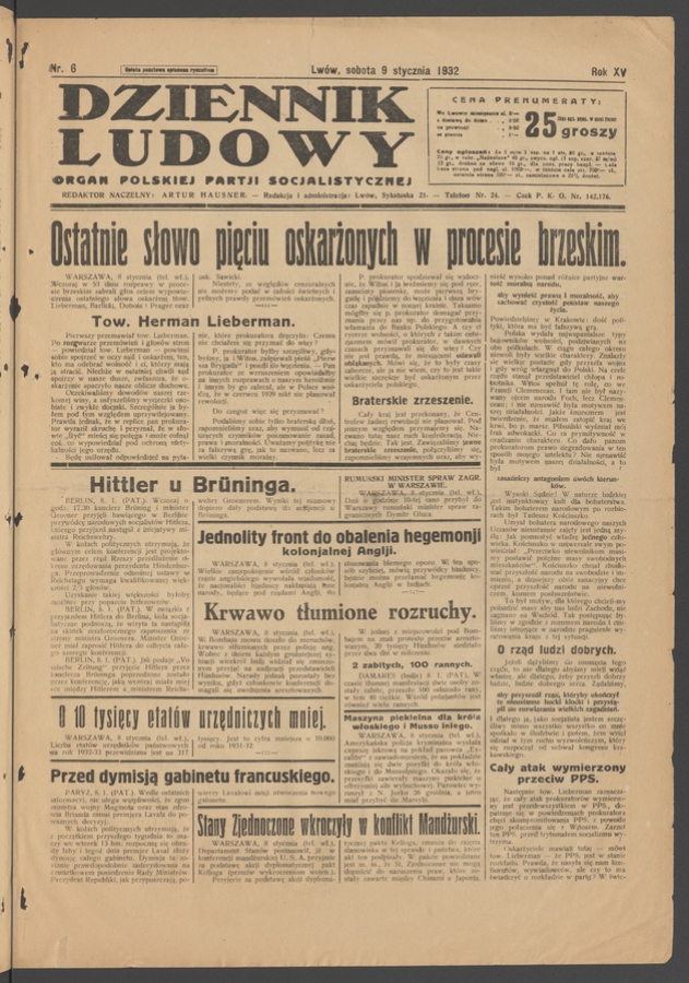 Dziennik Ludowy&nbsp;: organ Polskiej Partji Socjalistycznej. Rok&nbsp;15, 1932, numer&nbsp;6