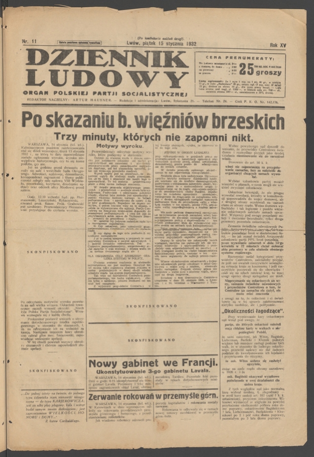Dziennik Ludowy&nbsp;: organ Polskiej Partji Socjalistycznej. Rok&nbsp;15, 1932, numer&nbsp;11 (po&nbsp;konfiskacie nakład drugi)