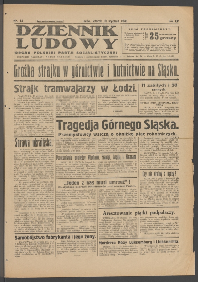 Dziennik Ludowy&nbsp;: organ Polskiej Partji Socjalistycznej. Rok&nbsp;15, 1932, numer&nbsp;14