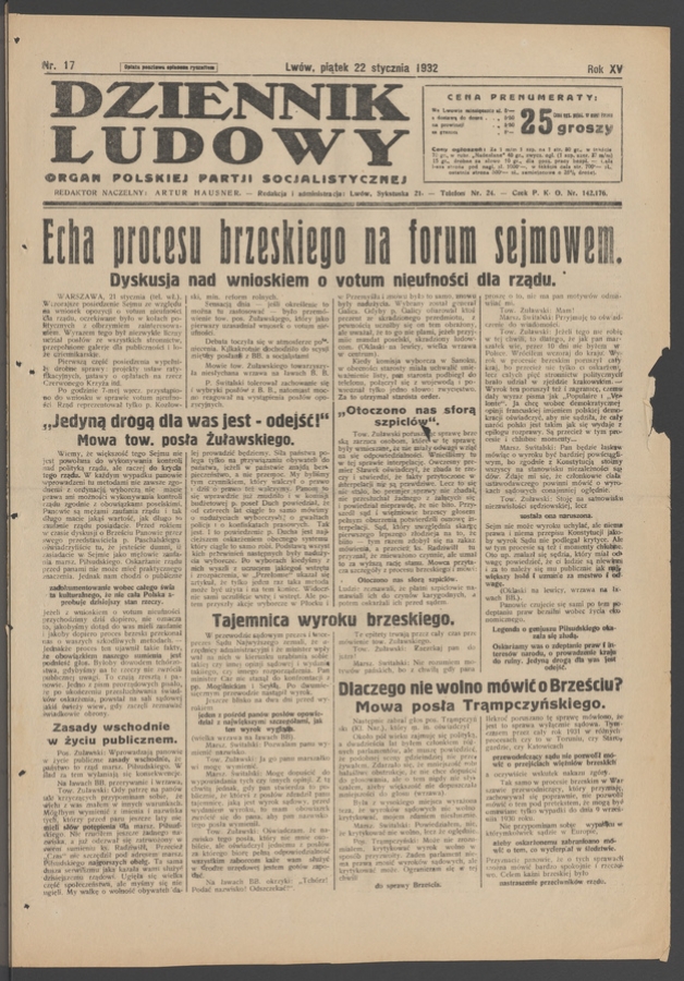 Dziennik Ludowy&nbsp;: organ Polskiej Partji Socjalistycznej. Rok&nbsp;15, 1932, numer&nbsp;17