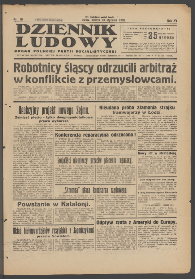 Dziennik Ludowy&nbsp;: organ Polskiej Partji Socjalistycznej. Rok&nbsp;15, 1932, numer&nbsp;18 (po&nbsp;konfiskacie nakład drugi)