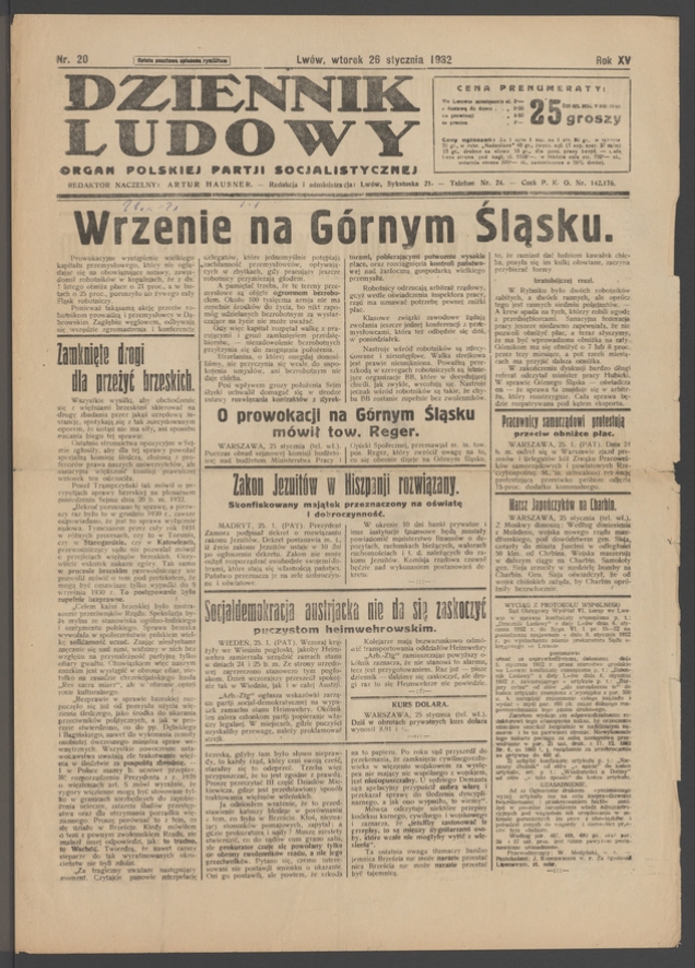 Dziennik Ludowy&nbsp;: organ Polskiej Partji Socjalistycznej. Rok&nbsp;15, 1932, numer&nbsp;20