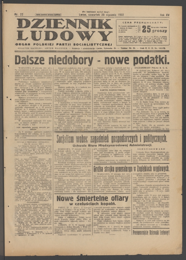 Dziennik Ludowy&nbsp;: organ Polskiej Partji Socjalistycznej. Rok&nbsp;15, 1932, numer&nbsp;22 (po&nbsp;konfiskacie nakład drugi)