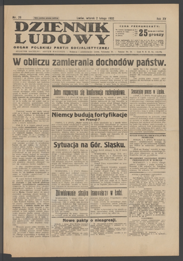 Dziennik Ludowy&nbsp;: organ Polskiej Partji Socjalistycznej. Rok&nbsp;15, 1932, numer&nbsp;26