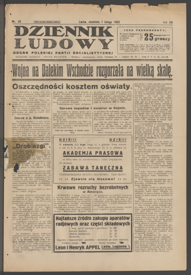 Dziennik Ludowy&nbsp;: organ Polskiej Partji Socjalistycznej. Rok&nbsp;15, 1932, numer&nbsp;30