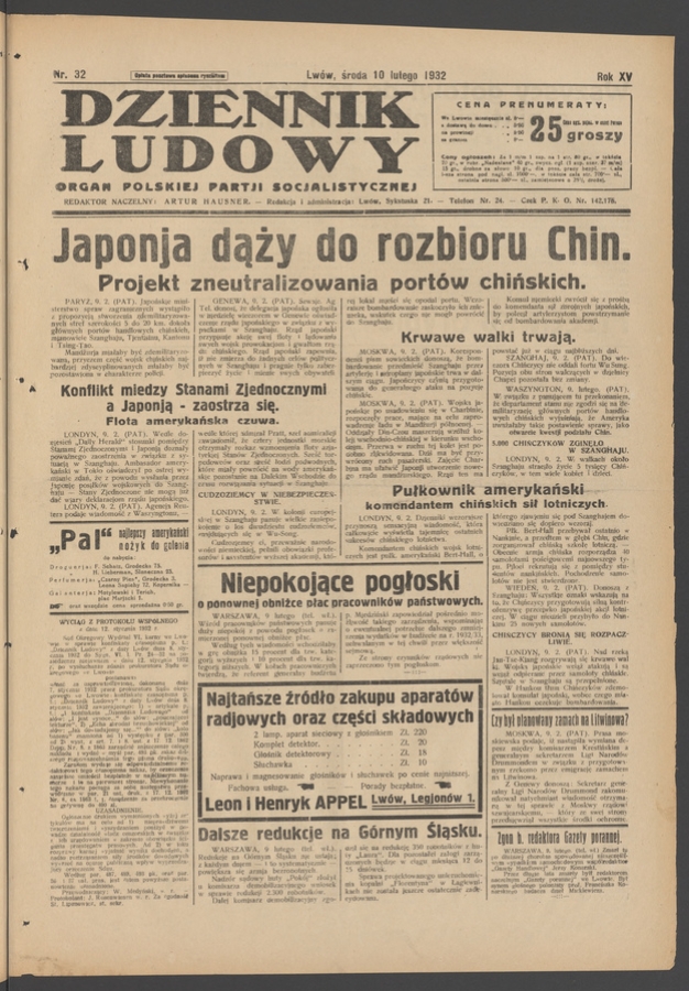 Dziennik Ludowy&nbsp;: organ Polskiej Partji Socjalistycznej. Rok&nbsp;15, 1932, numer&nbsp;32