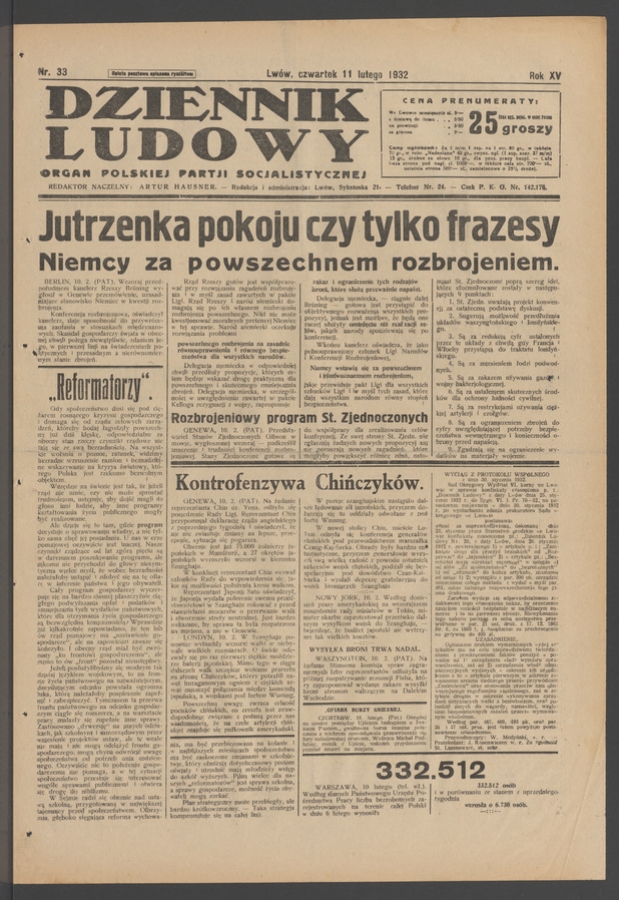Dziennik Ludowy&nbsp;: organ Polskiej Partji Socjalistycznej. Rok&nbsp;15, 1932, numer&nbsp;33