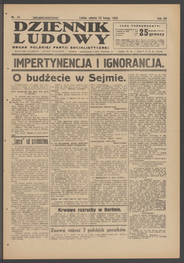 Dziennik Ludowy&nbsp;: organ Polskiej Partji Socjalistycznej. Rok&nbsp;15, 1932, numer&nbsp;35