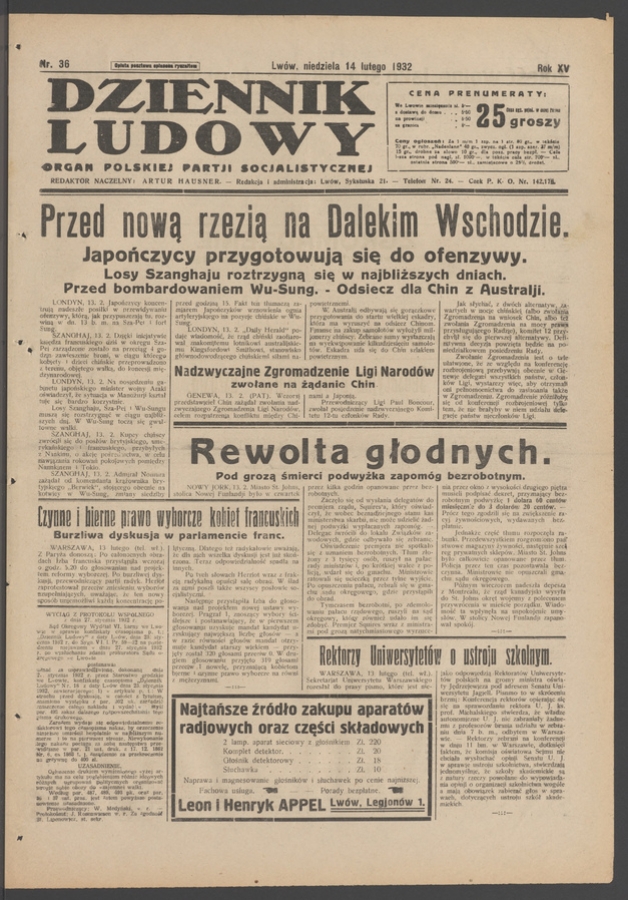 Dziennik Ludowy&nbsp;: organ Polskiej Partji Socjalistycznej. Rok&nbsp;15, 1932, numer&nbsp;36