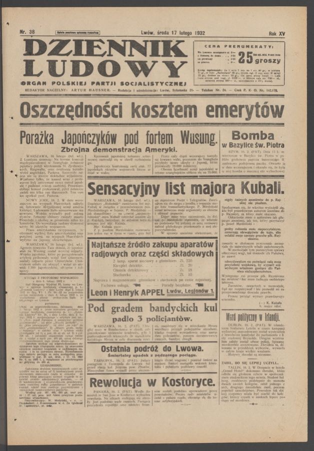 Dziennik Ludowy&nbsp;: organ Polskiej Partji Socjalistycznej. Rok&nbsp;15, 1932, numer&nbsp;38