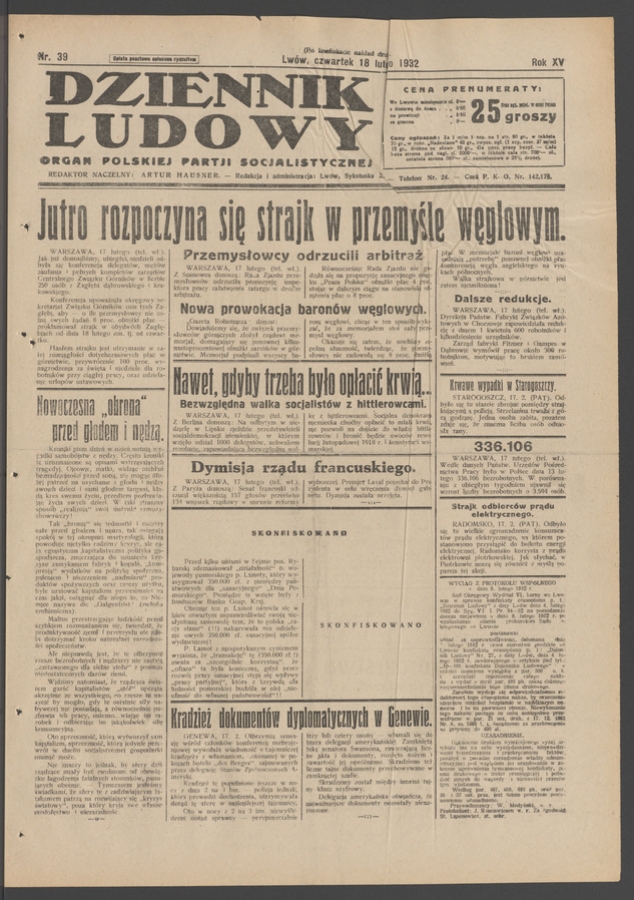 Dziennik Ludowy&nbsp;: organ Polskiej Partji Socjalistycznej. Rok&nbsp;15, 1932, numer&nbsp;39 (po&nbsp;konfiskacie nakład drugi)