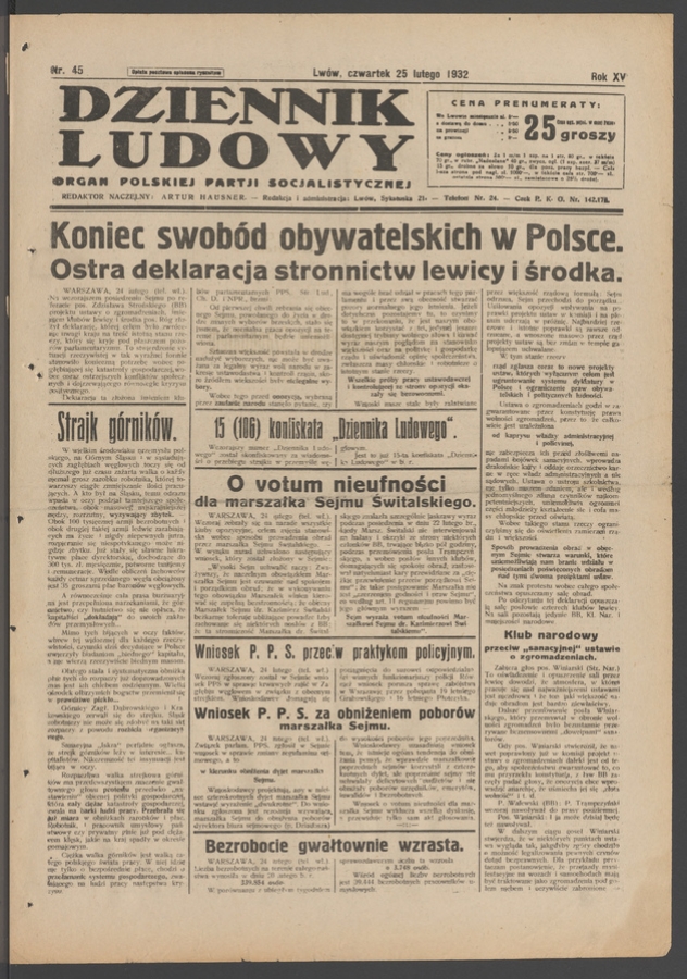 Dziennik Ludowy&nbsp;: organ Polskiej Partji Socjalistycznej. Rok&nbsp;15, 1932, numer&nbsp;45